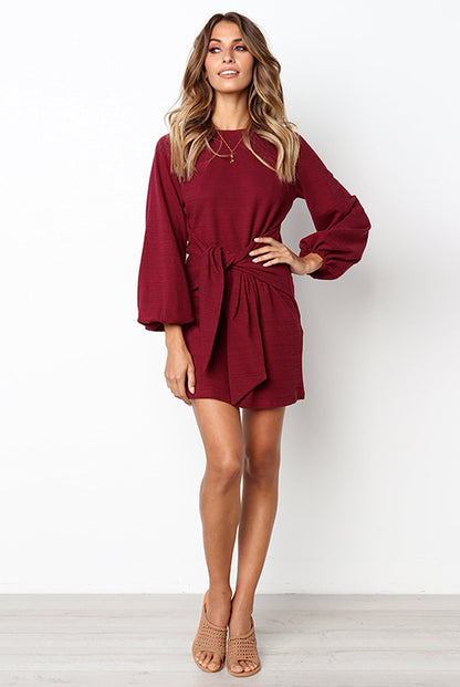 PRETTYGARDEN Womens Fall Elegant Long Lantern Sleeve Short Dress Wedding Guest Crewneck Tie Waist Knit Cocktail Dresses (Wine Red,Large)