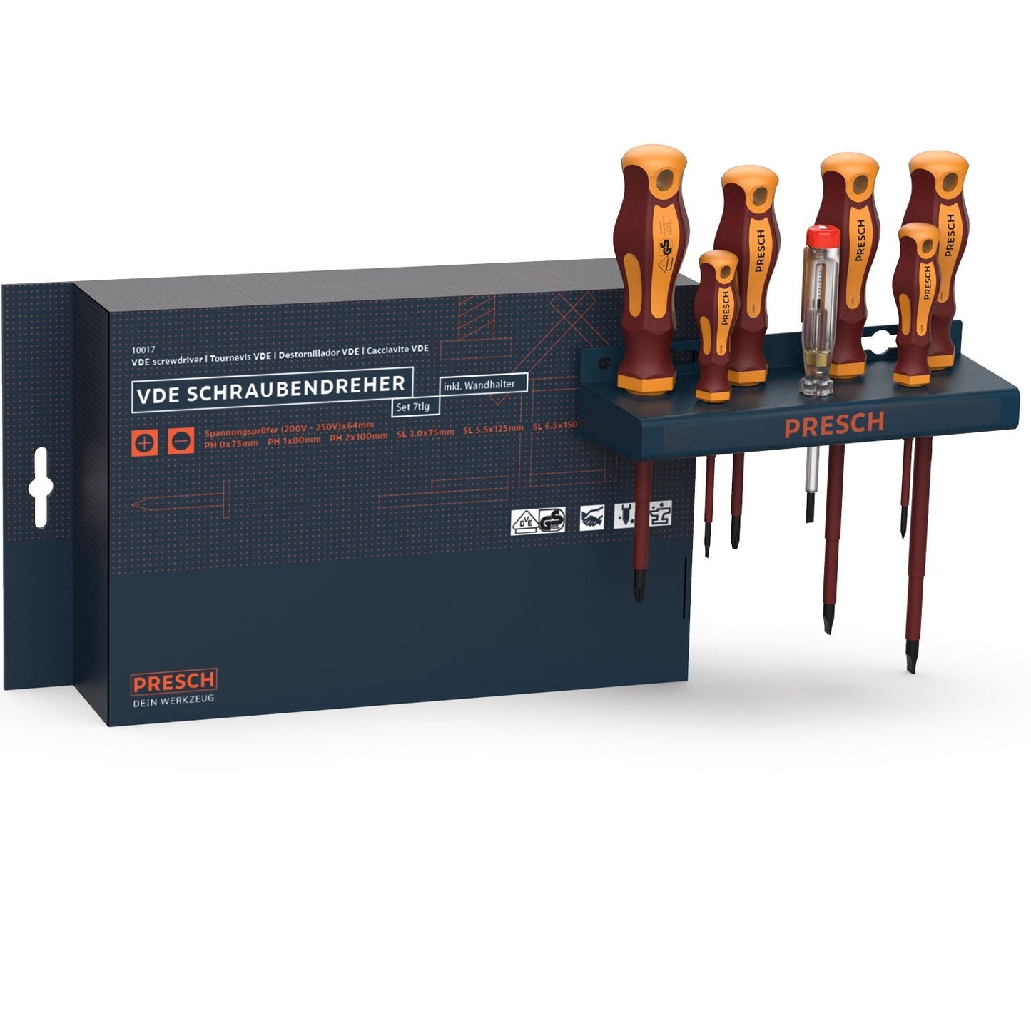 Presch Insulated Screwdriver Sets 7pcs. - VDE Screwdriver Set 1000V with Voltage Tester and Wall Bracket for Electricians