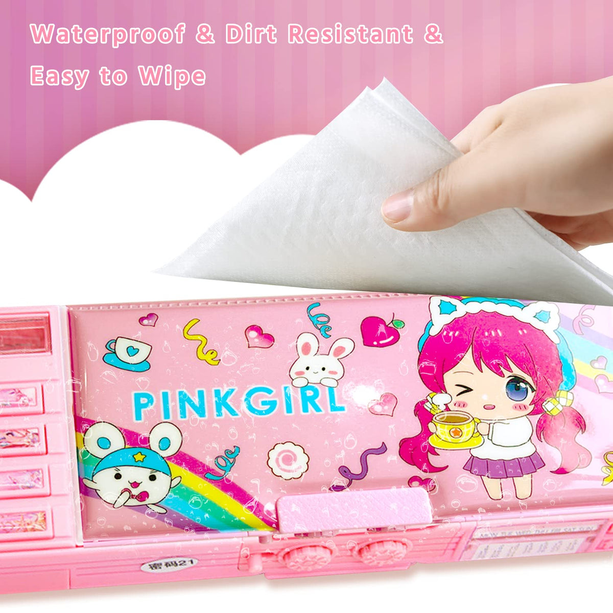 Pop Up Multifunction Pencil Case for Girls and Boys, Cute Cartoon Pen Box Organizer Stationery with Lock, Sharpener, Schedule, Whiteboard, School Supplies, Best Gifts for Kids Teens(Pink 2)