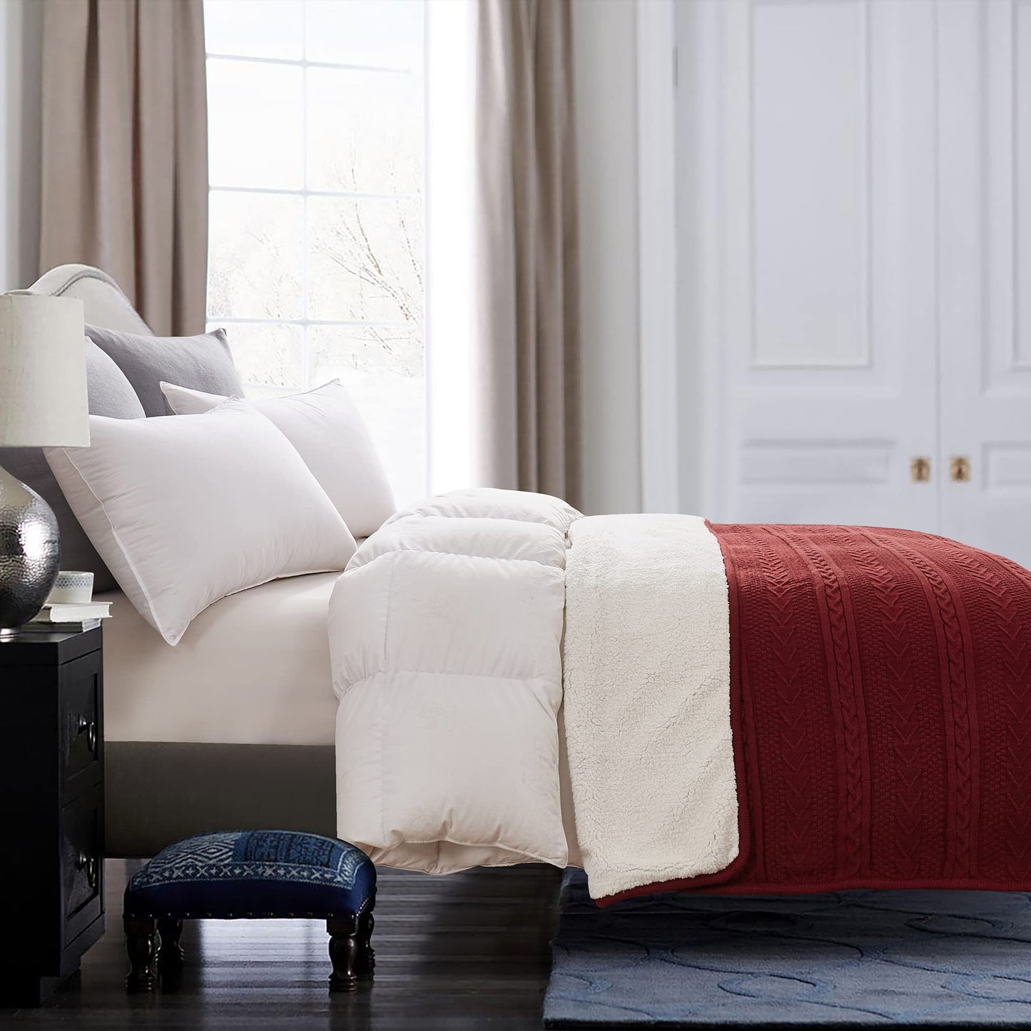 Longhui bedding Wine Red 50 x 63 Inches Acrylic Cable Knit Sherpa Throw Blanket - Thick, Soft, Big, Cozy Knitted Fleece Blankets for Couch, Sofa, Bed - Large Coverlet All Season, Burgundy Color