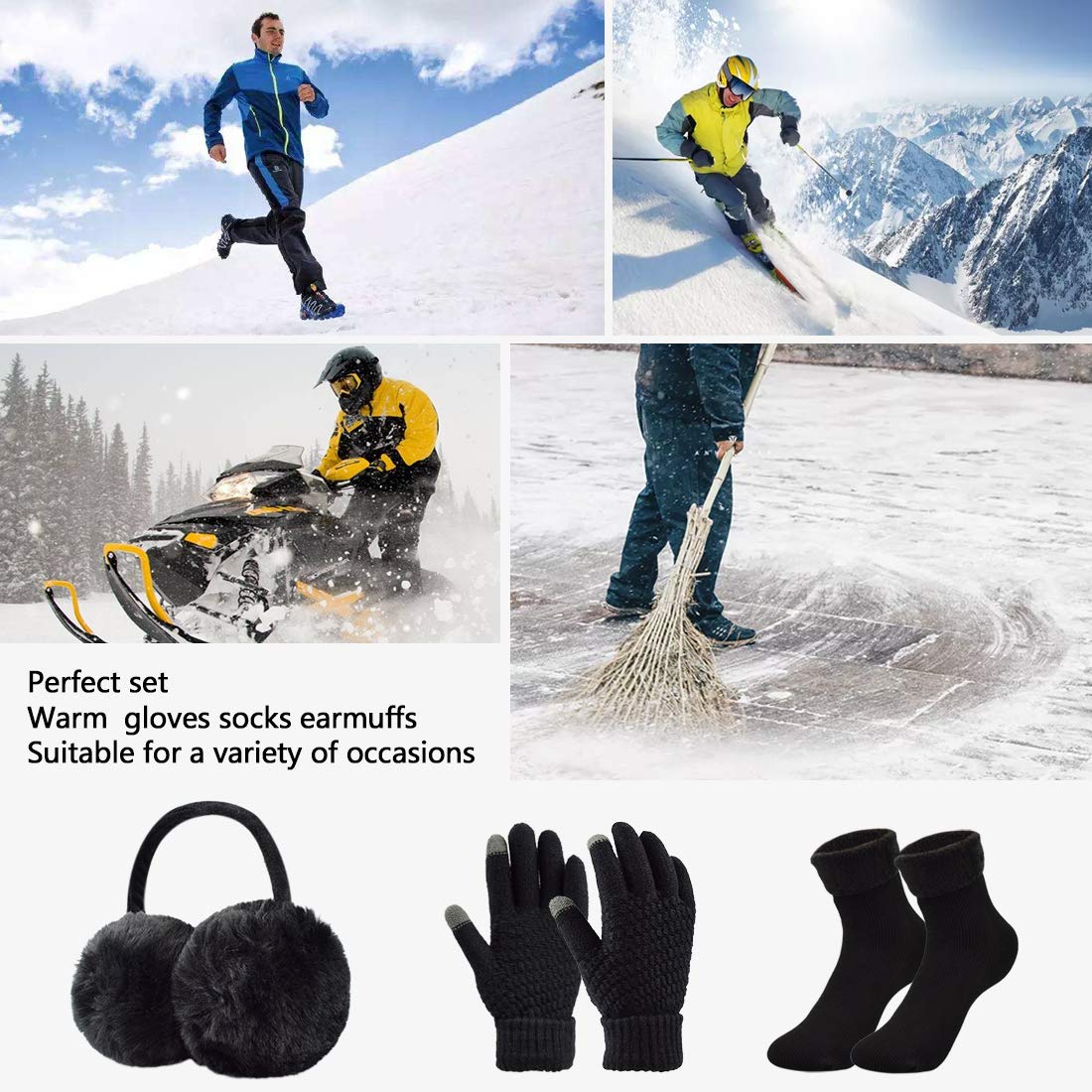 Voqeen Knitted Hat Scarf Gloves Set 5 Pcs Winter Set Ladies Cold Weather Sets Touch Screen Gloves Beanie Hat Scarf Thermal Socks Plush Ear Warming Outdoor Sports Set for Christmas Gifts (Black)