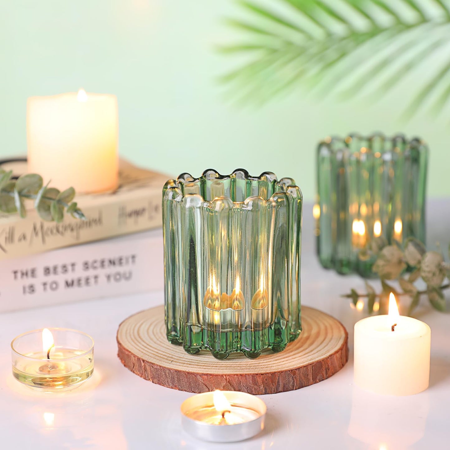HAVITI 6 Pcs Votive Candle Holder, Green Glass Candle Holders, Tealight Candle Holder for Wedding Centerpieces Dinner Party Table Decor