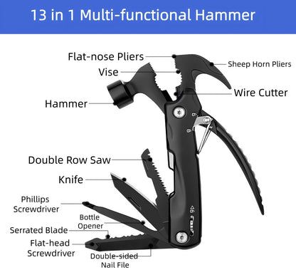 13-in-1 Mutitool, Stainless Steel Multi-functional Hammers with Hammer Saw Screwdrivers Pliers Bottle Opener Foldable Multitools with Sheath, Ideal for Camping,Survival,Repair Great Gifts for Men