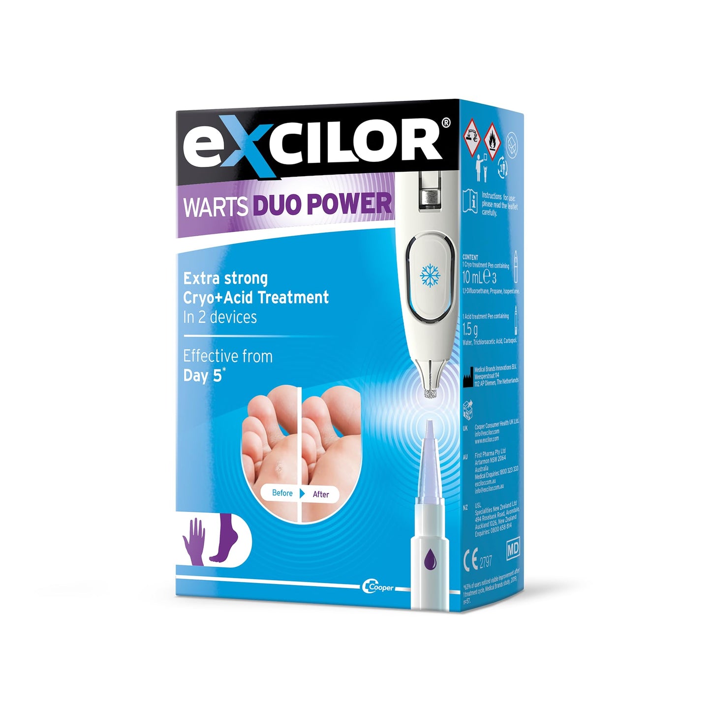 Excilor Warts Duo Power Treatment - Extra Strong Effective Wart Verruca Removal - 2 Devices in 1 Box - Cryo Freeze & Acid Treatment - Hands & Feet - Effective from Day 5 - Clinically Proven