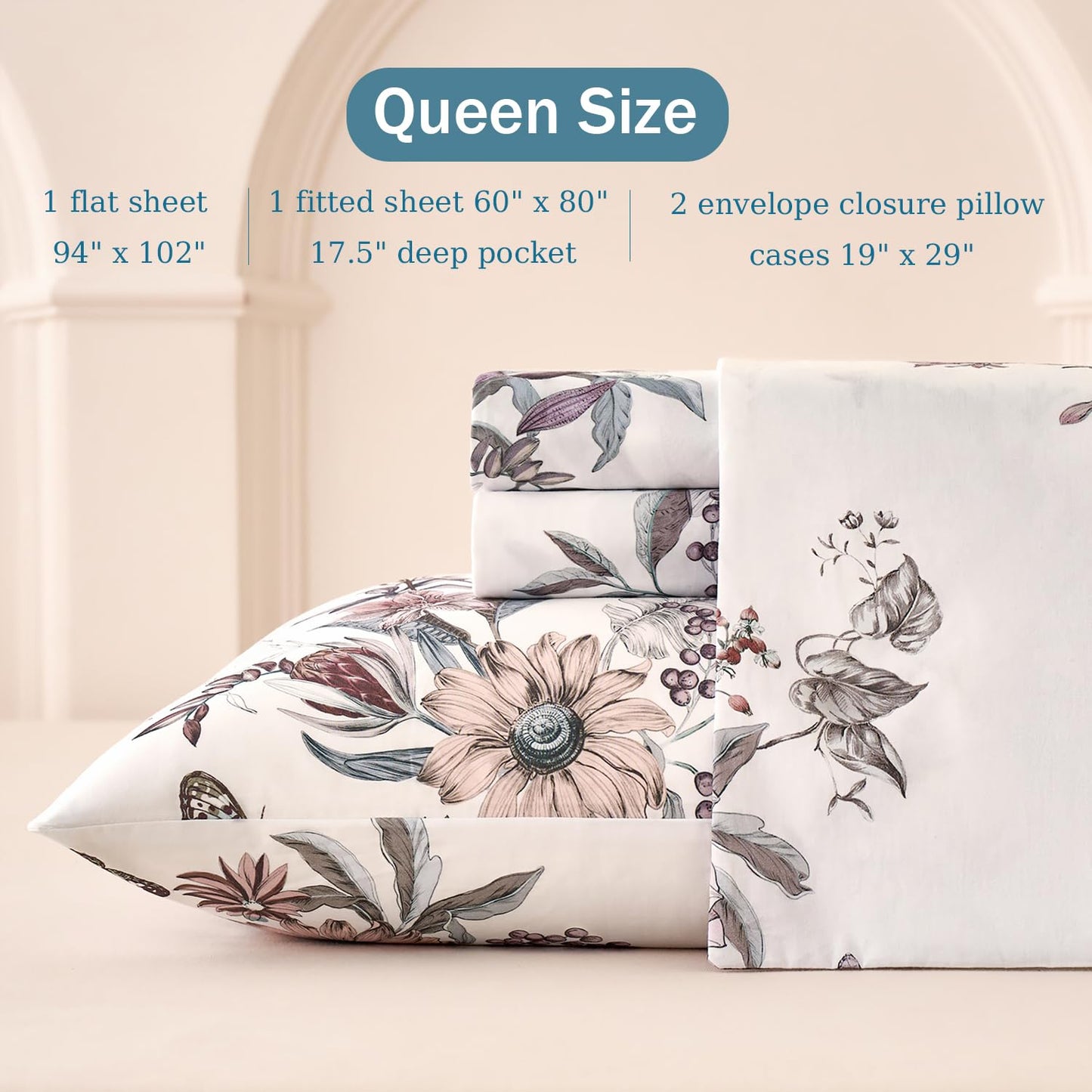 Huborise Queen Size Sheet Set Dusty Rose Floral Bed Sheets 100% Cotton 4Pcs, Light Pink Flower & Butterfly Printed Bed Set with Deep Pocket 17.5", Soft Breathable & Crisp, Luxury French Country Style