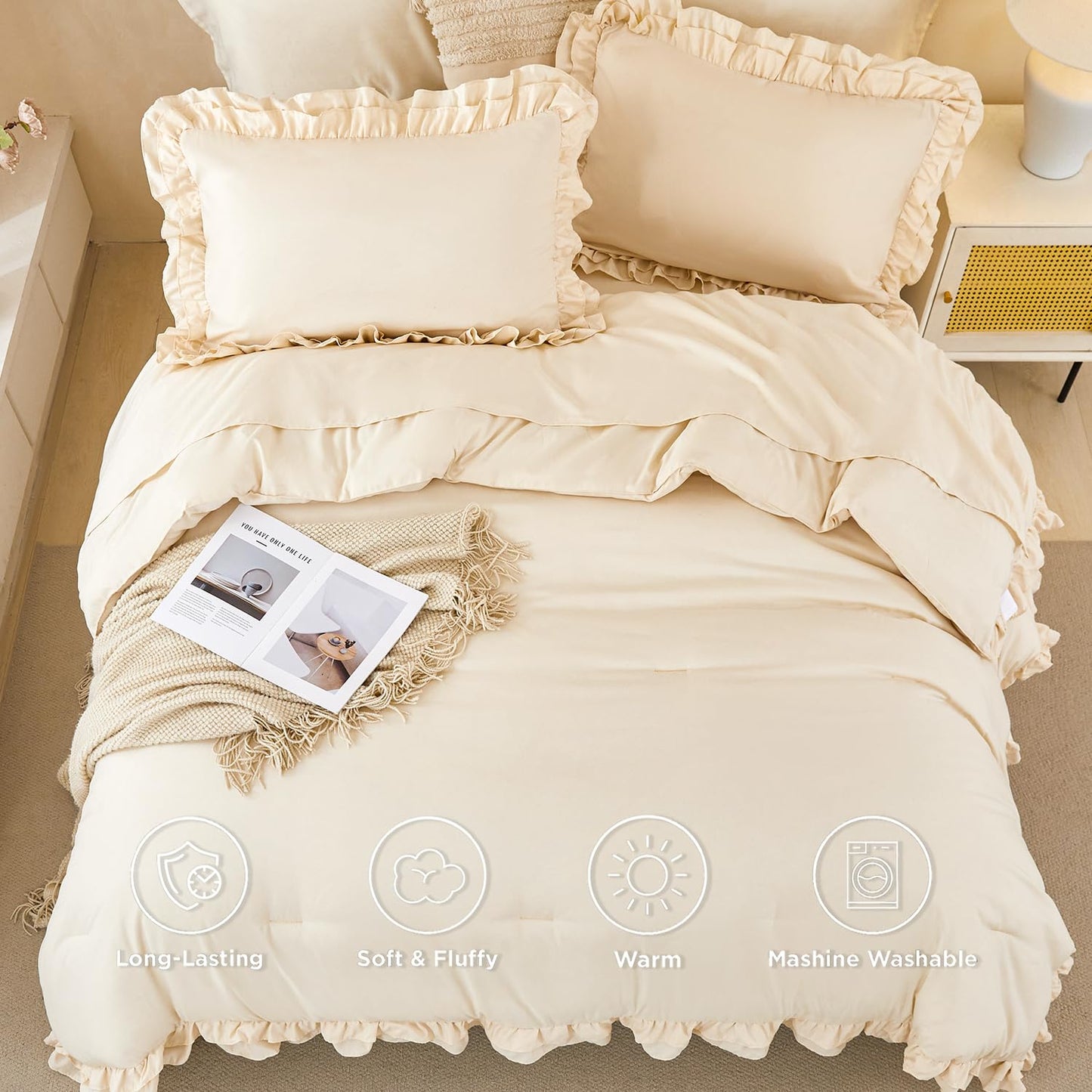 PERFEMET Queen Size Ruffled Comforter Set Beige 5 Pieces Ruffle Bedding Set Boho Comforter All Season Soft Microfiber Shabby Chic Bed in A Bag Women Men (Beige, Queen)
