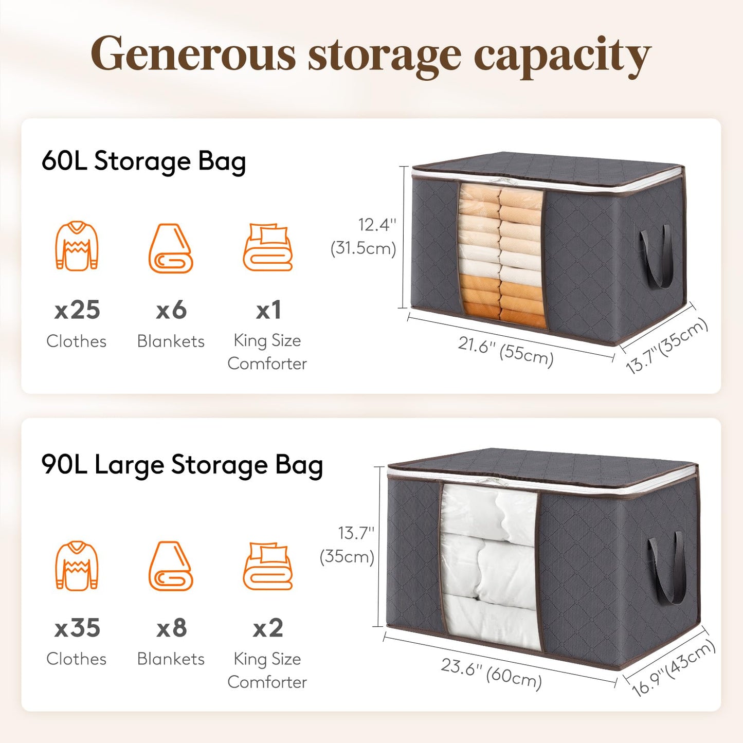 Lifewit 6 Pack Clothes Storage Bins with Lids, Foldable Blanket Storage Bags with Zippers, Clear Window and Reinforced Handles, Closet and Organization for Clothing, Sweater, Comforter, Bedding