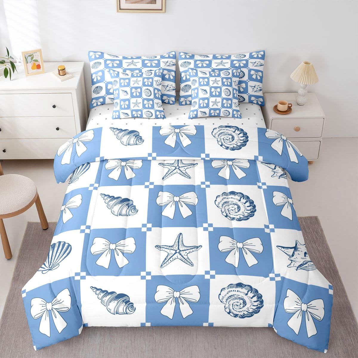 Feelyou Starfish Beach King Comforter Set with Sheets for Kids Boys Girls Ocean Marine 7 Pieces Bedding Set Bow Knot Print Bed in a Bag Shell Room Decor Coastal Beach Ocean Soft Lightweight Microfiber