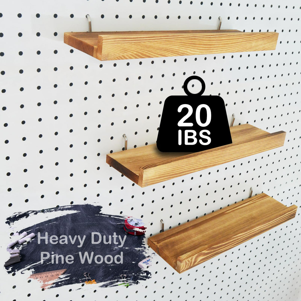 Wood Pegboard Shelves & Brackets Set - 3Pack 1/4 inch Peg Board Display Racks 14" x 4" Slat with Lip - Aesthetic Display & Storage Shelf for Room Office Craft Studio Workshop Workspace Garage (Brown)