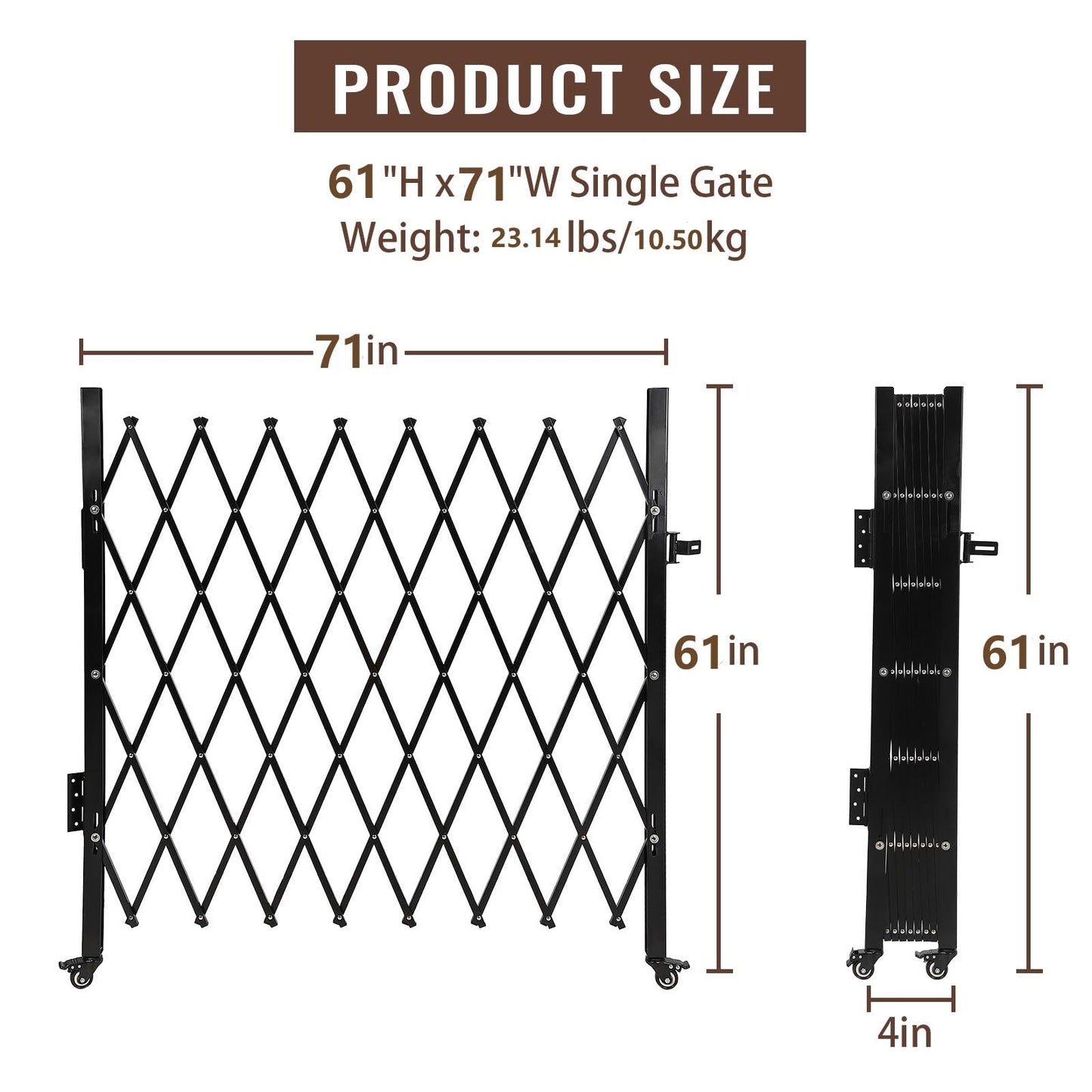 Towallmark 67" H x 71" W Single Folding Security Gate, Steel Expandable Fence with 360° Rolling Wheels