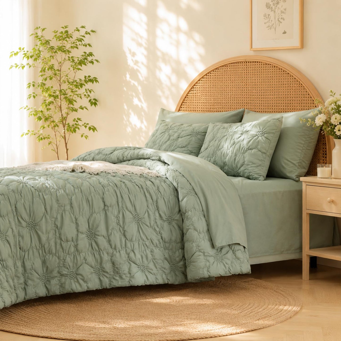 7 Piece Comforter Set, Pintuck Floral Bedding Set with Sheets & Pillowcases, Soft Fluffy All Season Comforter Set, Lightweight Breathable Bed Set for Bedroom Guest Room Dorm (Green, King, Flowers)