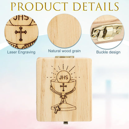 Menkxi First Communion Jewelry Box 2.8 x 3.2 x 1.4 Inch Wooden Religious Keepsake Boxes Catholic First Holy Communion Gifts for Beads Jewelry Keepsake Mementos