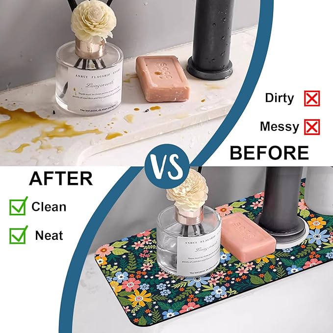 Colorful Flower Sink Splash Guard Faucet Mat Flowers Leaves Super Absorbent