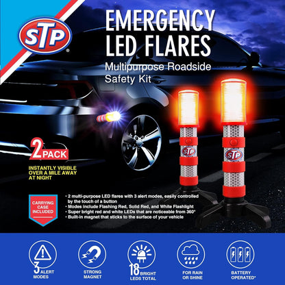 XTREME STP LED Road Flares, 3 Alert Lighting Modes: Flashing Red, Solid Red & White Flashlight, Emergency Flares for Vehicles, Visible From Up To A Mile, Foldable Stand/Built-In Magnet Sticks To Car