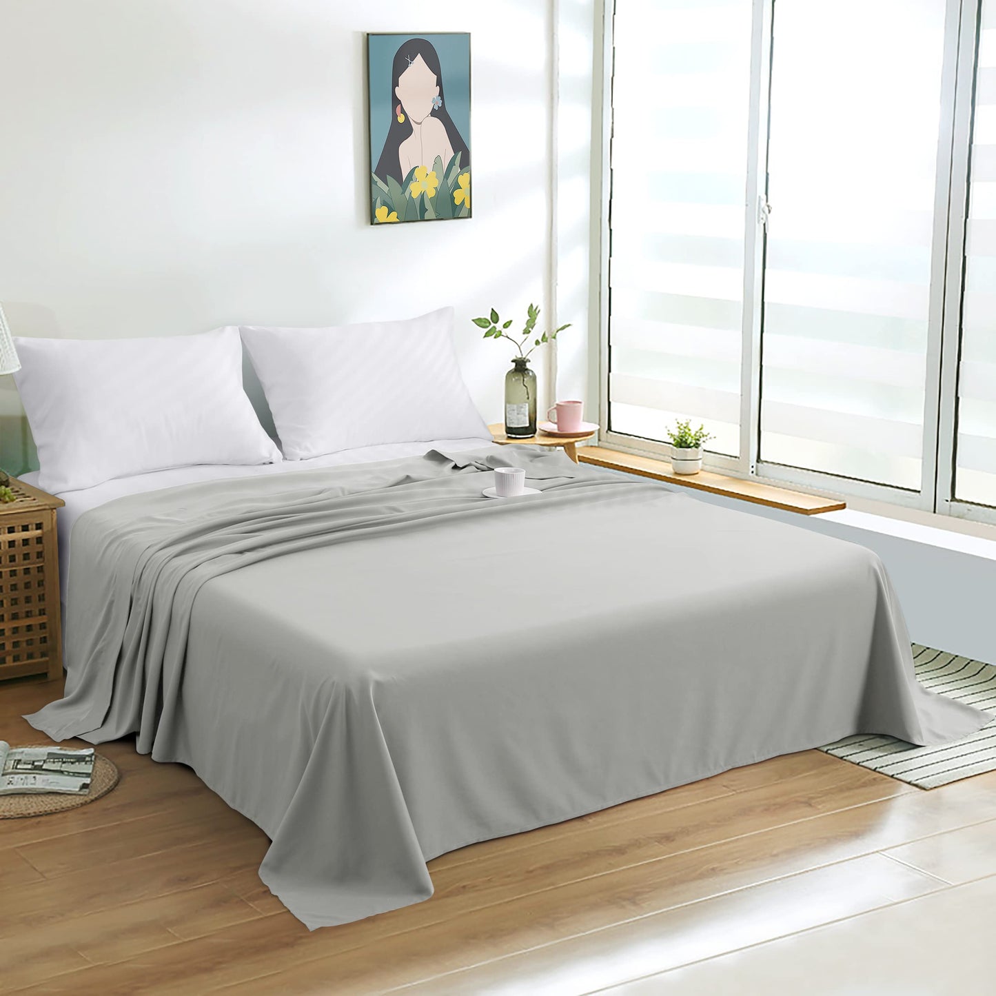 FLXXIE King Flat Sheet - Brushed Microfiber Flat Sheet Only - Soft and Fade, Wrinkle-Free, Stain Resistance Flat Bed Sheet - Hotel Quality Top Sheet - (King, Light Grey)