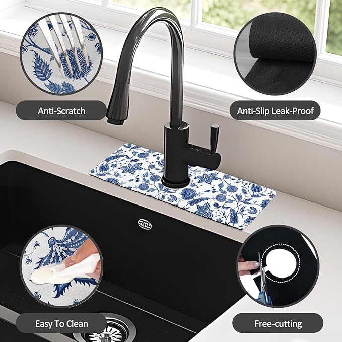 15" X 5.5" Kitchen Sink Splash Guard Faucet Mat Floral Super Absorbent Fast