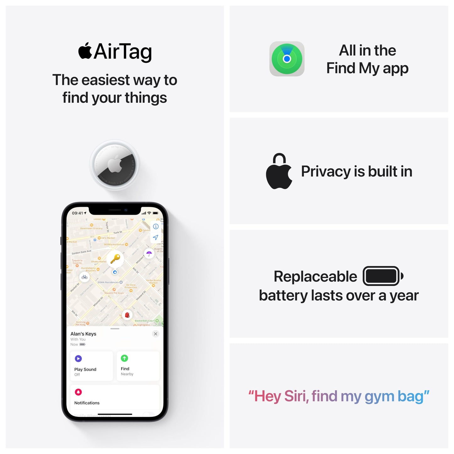 Apple AirTag. Track your keys, wallet, luggage, backpack. Replaceable battery. Water-resistant. One-tap set up with iPhone or iPad.
