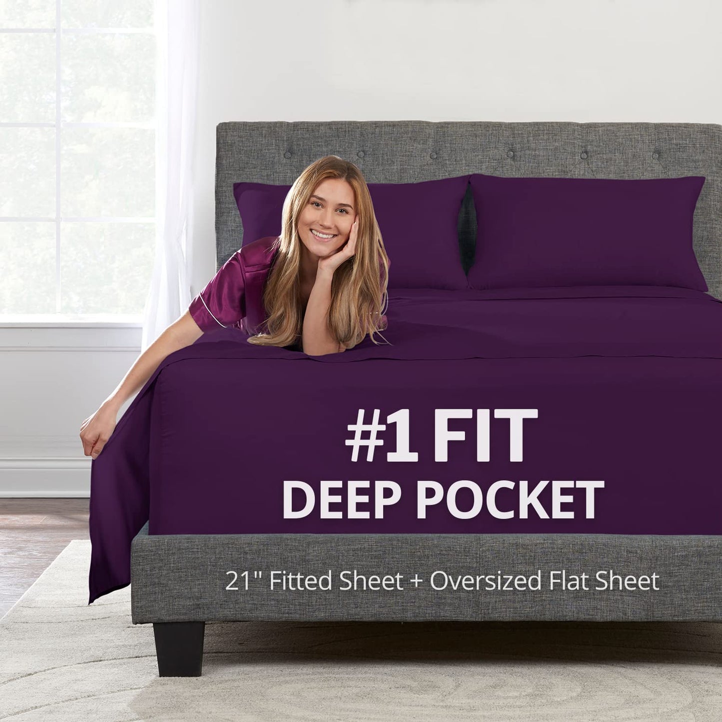 Deep Pocket King Size Sheets – 21” Extra Deep Pocket King Size Sheets – [4 Piece Set] King Bed Sheets Oversize Flat Sheet, Fitted Sheet, 2 Zippered Pillowcases 18”–23” Deep Pocket King Sheets – Purple