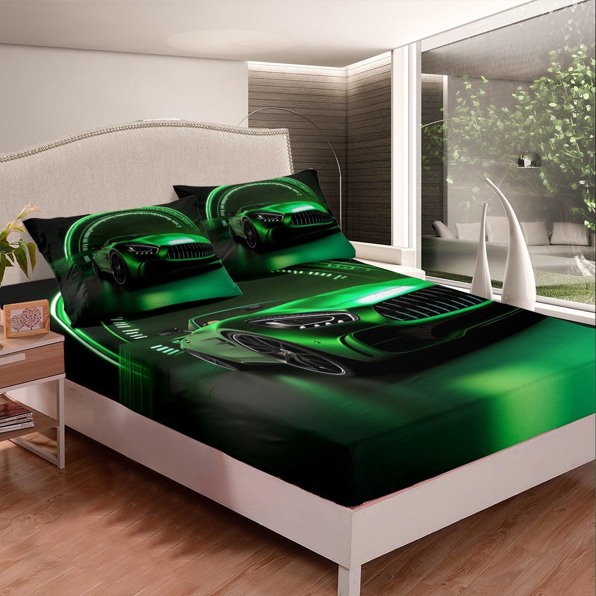 Green Race Car Fitted Sheet Twin Size Sports Car Bedding Set Extreme Games Sport Theme Bed Cover For Kids Boys Youth Man Vehicle Racer Speedometer Automobile Bedclothes 2Pcs Child Room Decor