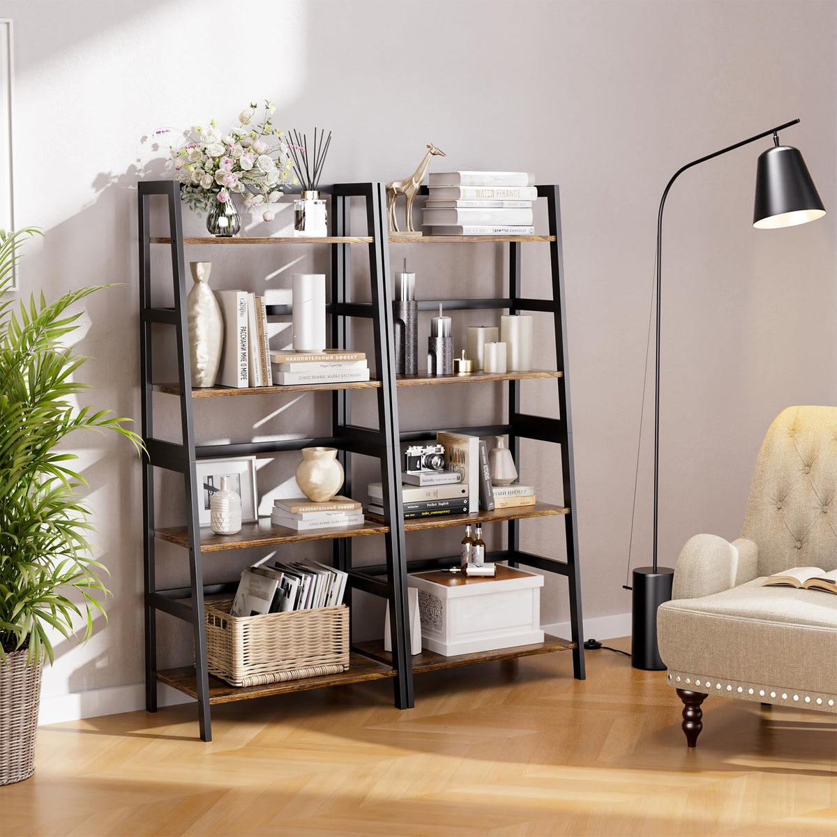 HITNET Ladder Shelf, 4 Tier Bookshelf with Bamboo Frame, Freestanding Bathroom Storage Shelving Unit for Living Room, Home Office, Bedroom, Rustic Brown and Black