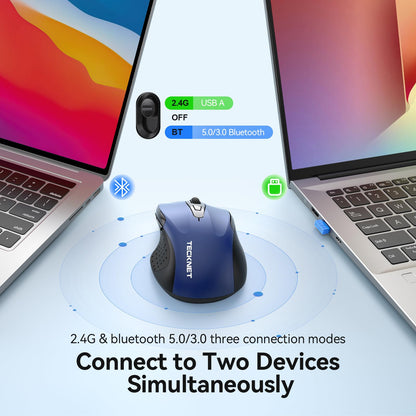 TECKNET Rechargeable Jiggler Wireless Mouse (BT5.0/3.0 & 2.4G) 4800 DPI Silent USB A & Bluetooth Mouse 6 Buttons, Wide Compatibility - Black