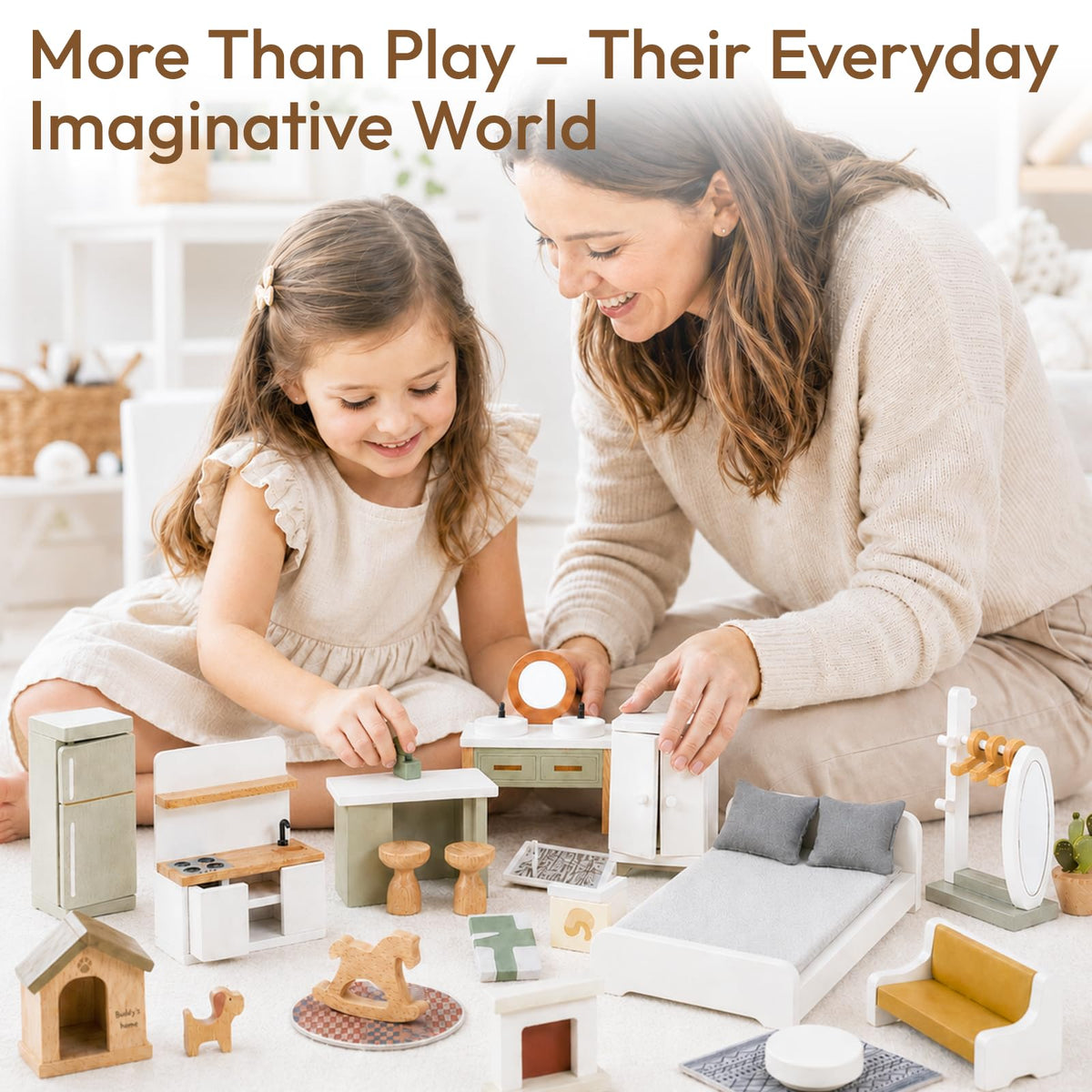Giant bean 33 PCS Wooden Dollhouse Furniture Set, Modern Doll House Accessories with Bedroom, Kitchen, Bathroom, Nursery & Living Room, Montessori Pretend Play Toys for Kids Girls Boys Age 3+