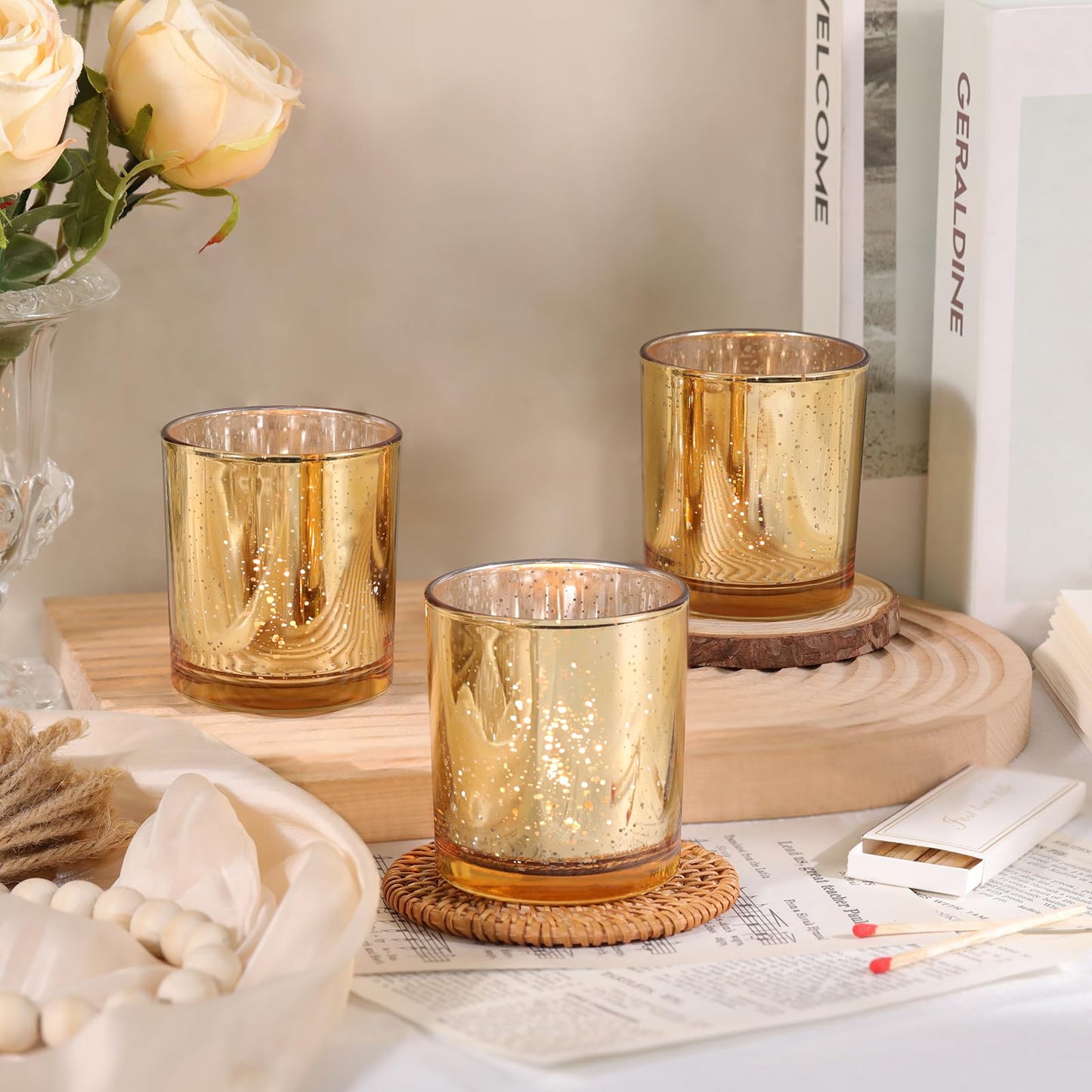 DARJEN Larger Gold Votive Candle Holders Set of 6- Tea Light Candle Holder Glass, Gold Candle Holders for Wedding, Table Centerpiece, Party and Holiday Decorations