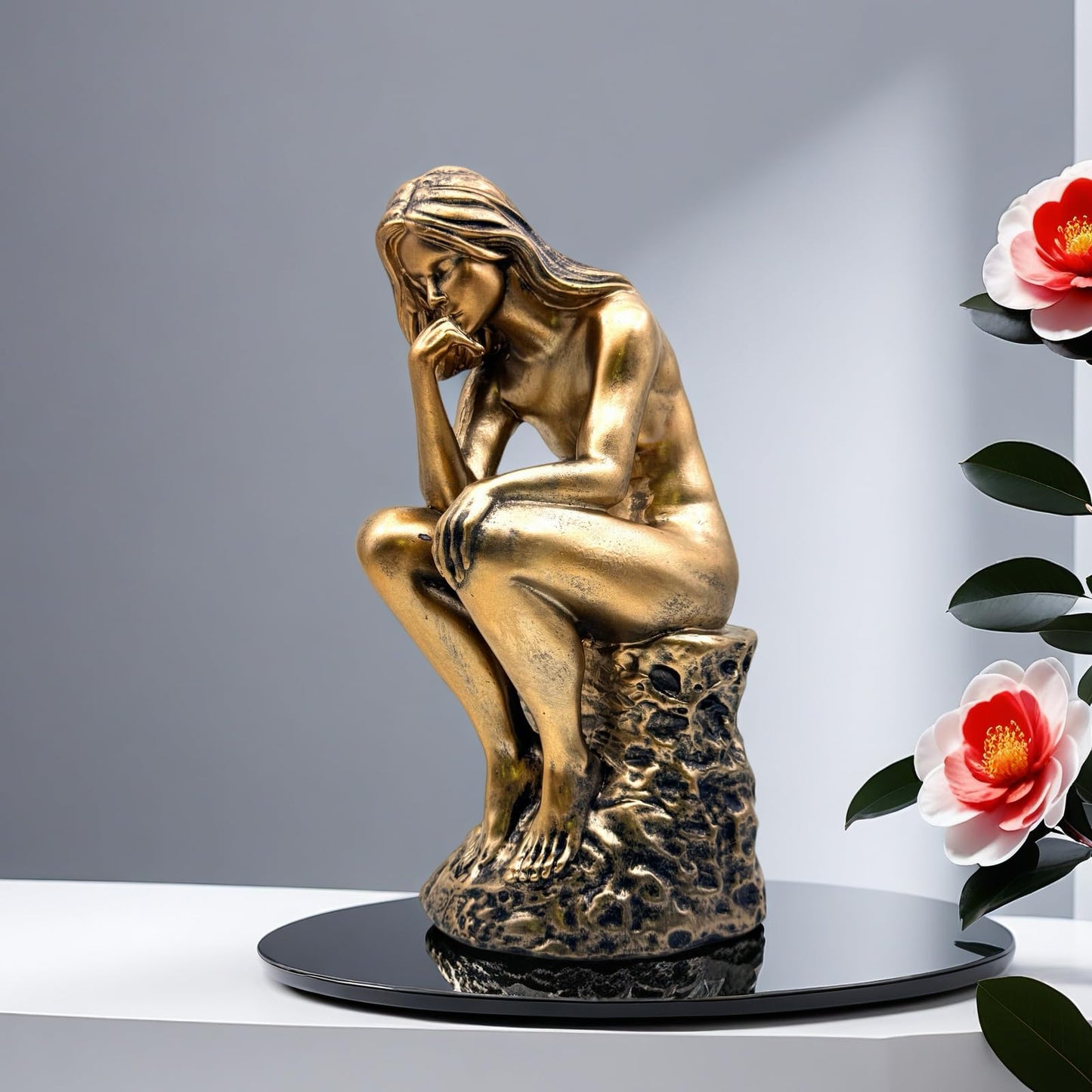 FUNSXBUG Resin The Thinker Woman Statue Figurines Thinking Girl Sculptures Collectible Figurine Home Office Decor Living Room Decoration Bronze