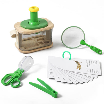Wooden Bug Catcher for Kids, 360° Rotating Magnifier, Insect Explorer kit, with Bug Habitat, Butterfly Net, Bug Tongs, 10 Insect Cards, Montessori STEM Nature Toy for Outdoor