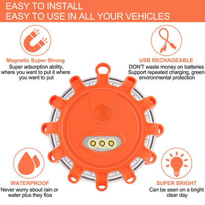 AK LED Road Flares Rechargeable Safety Flashing Warning Light Roadside Emergency Disc Beacon Kit for Vehicles Boats with Magnetic Base & Hook & USB Charging Cables (4 Pack)