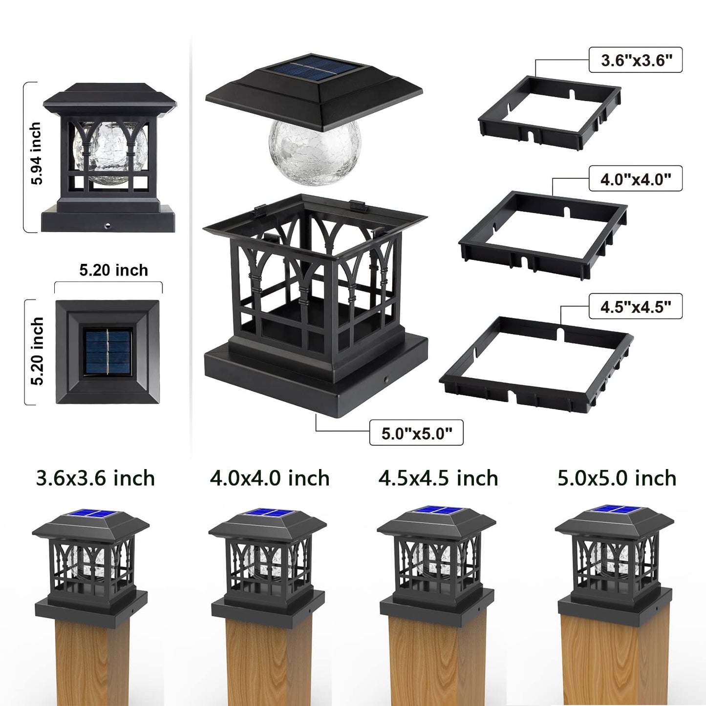 AEFRELEOHT Solar Post Cap Lights, Warm White & RGB Automatic Cycling, Cracked Glass Bulb, 20 Lumens lP65 Waterproof Fit 3.6x3.6 4x4 4.5x4.5 5x5 Wood Fence Post Solar Powered Lights Black (2 Pack)