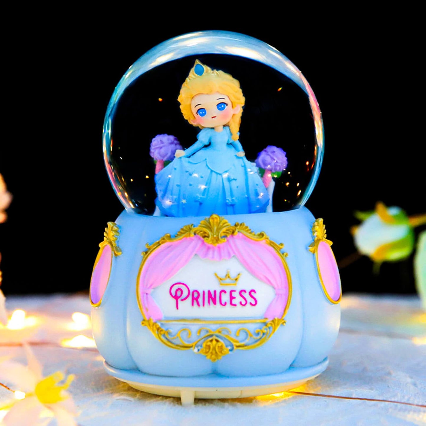 A.F.N.A.L Snow Globe with Light for Christmas & Birthday Gift, 80mm Crystal Musical Glitter Glass Water Ball Decoration, Princess - Blue Snowglobe, 3.5" x 3.5" x 5"