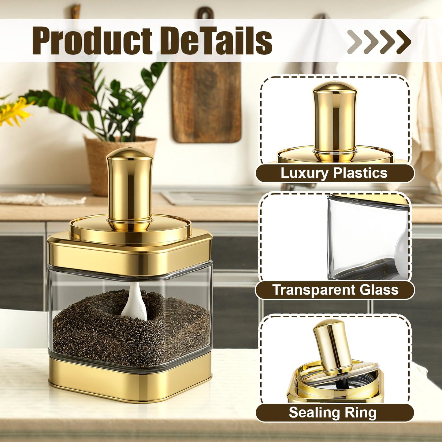 LemonRoad 3 Pack Glass Condiment Pot, 12 Ounce Gold Spice Jars with Spoons and Lids, Seasoning Box Set Salt Container, Sugar Dispense, Kitchen Containers for Flour and Sugar