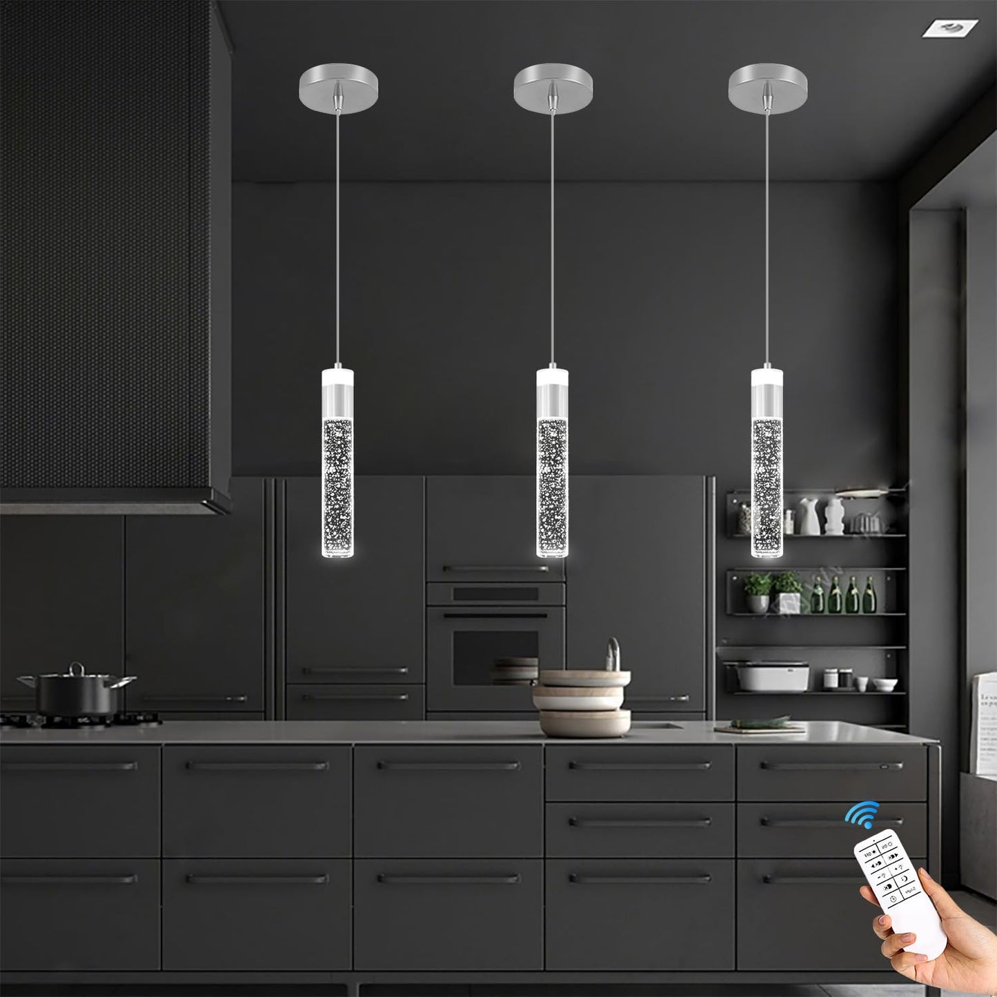 IDEQUY Modern LED Chrome Crystal Pendant Light Kitchen Island, Bedroom Bedside Hanging Ceiling Lamp with Crystal Bubble Column, Dimmable 3000k-6000k 1-Light Independent