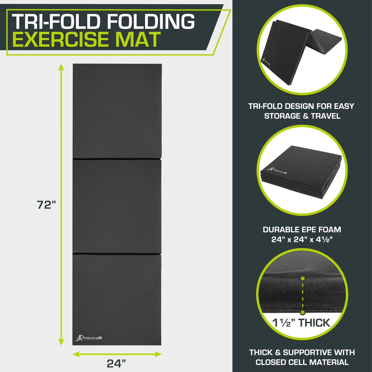 ProsourceFit Tri-Fold Folding Thick Exercise Mat 6’x2’ with Carrying Handles for MMA, Gymnastics Core Workouts