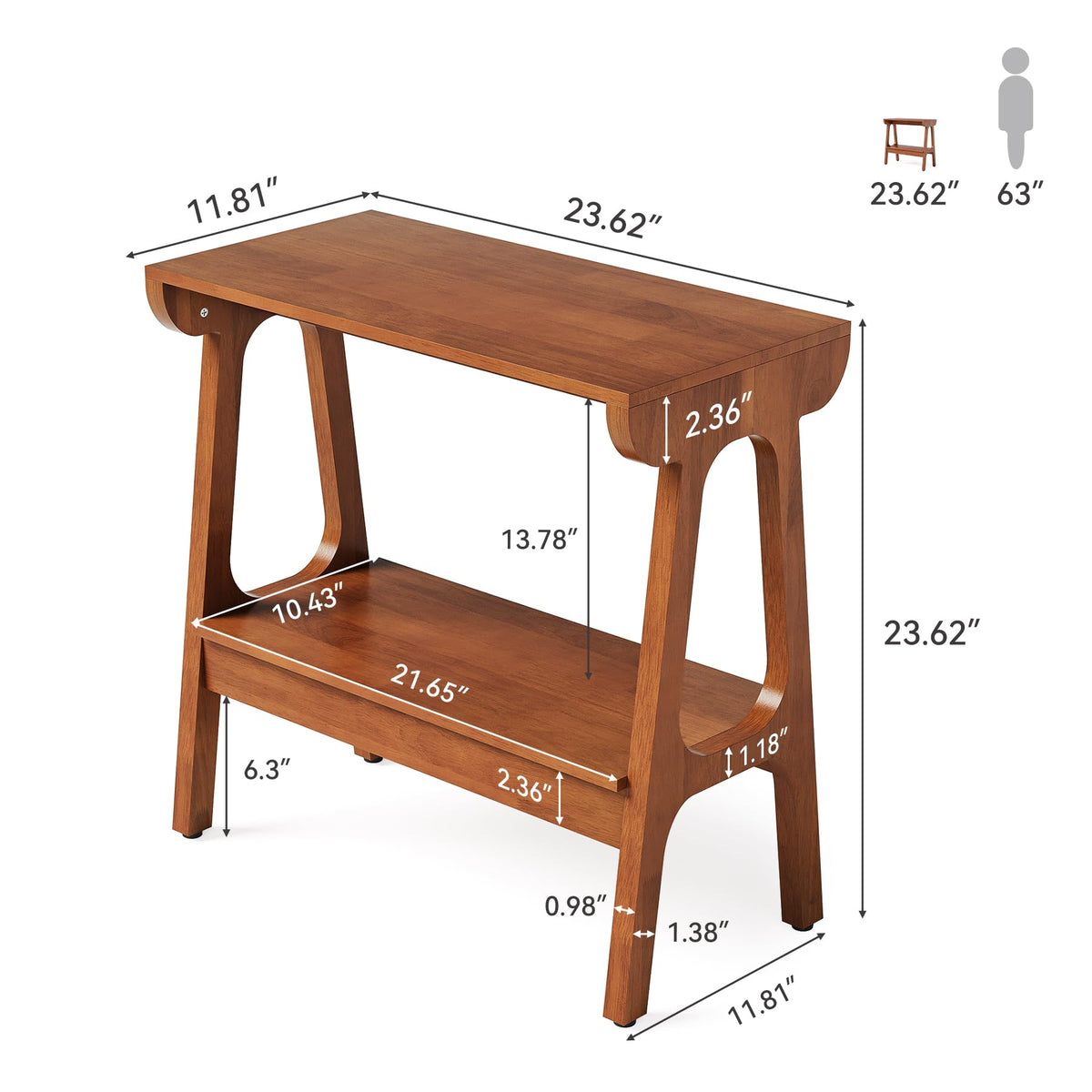 LITTLE TREE Solid Wood End Table, 24" H Small Wooden Side Table with Narrow 2-Tier Shelves, Slim End Tables for Small Spaces, Bedside Table for Bedroom,Living Room,Bathroom, Entryway (24" W x 11.8" D)