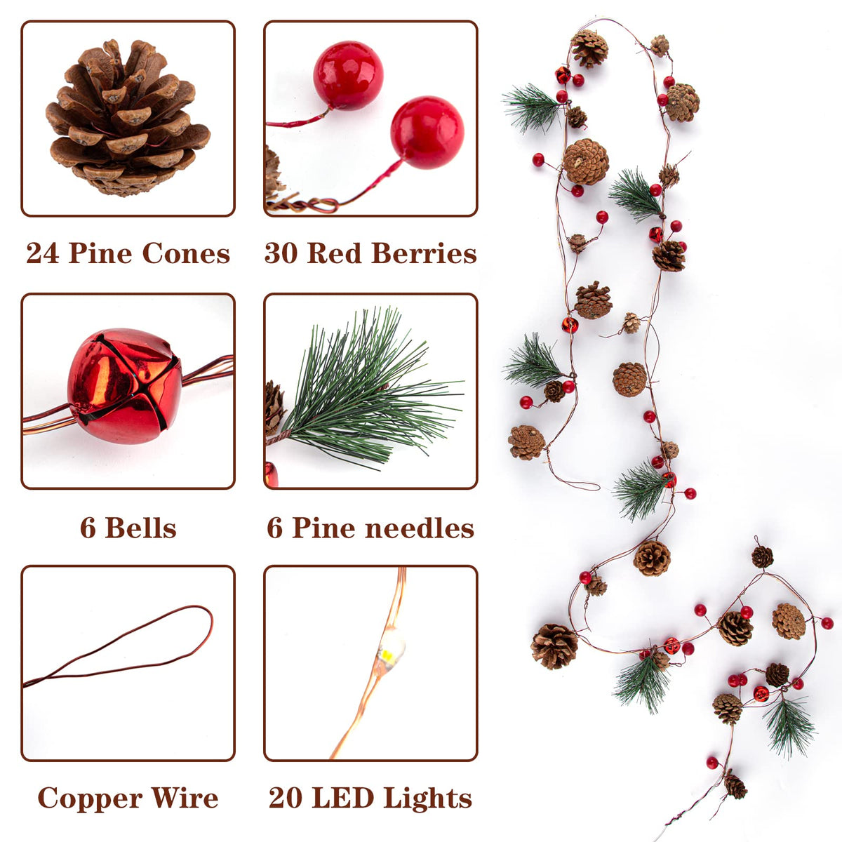 2 Pack Christmas Garland, 6.56 Ft LED String Light with Pine Cones, Red Berries, Bells for Xmas Decor Mantle Fireplace Christmas Holiday Party Thanksgiving Decoration, 20 LED Lights, Battery Operated