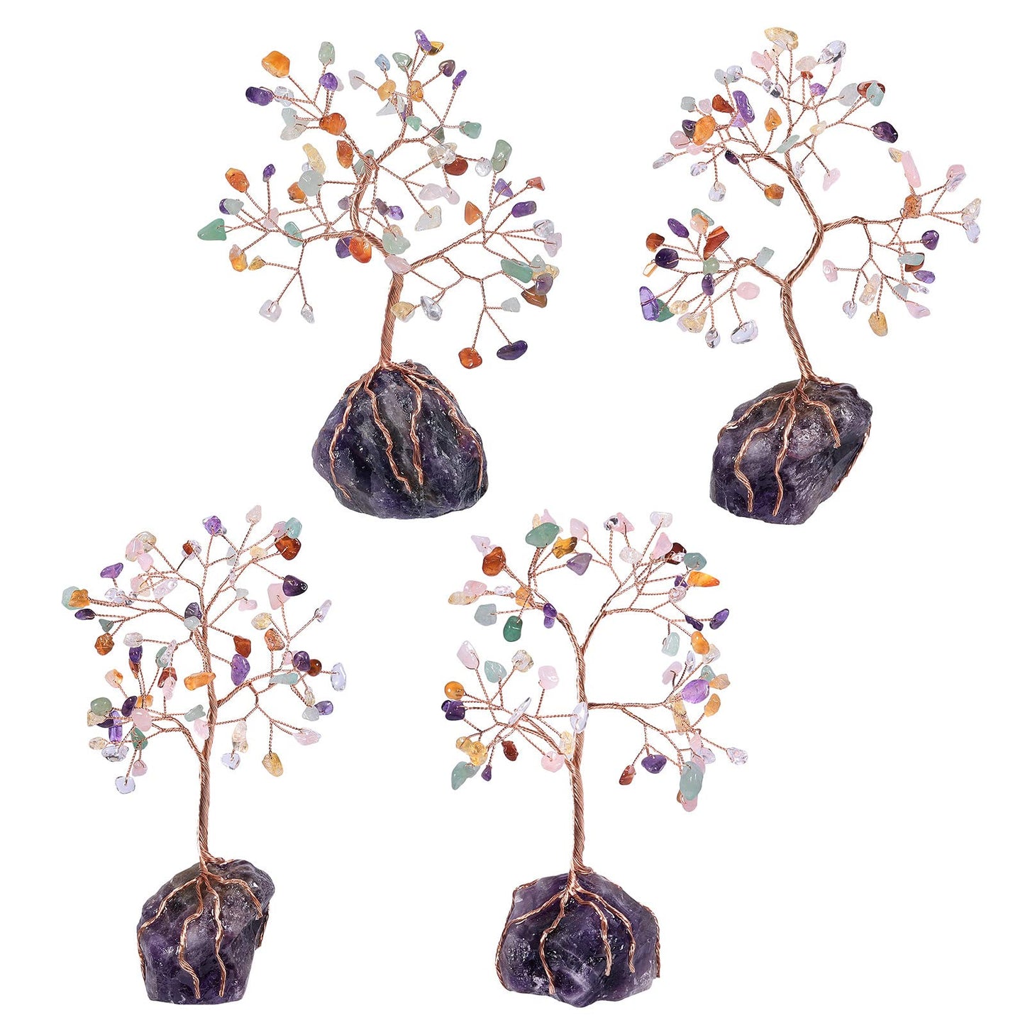 Rockcloud Crystal Money Tree with Irregular Raw Amethyst Crystal Cluster Base, Copper Wire Lucky Bonsai Tree for Desktop Office Home Decor, Mixed Stones