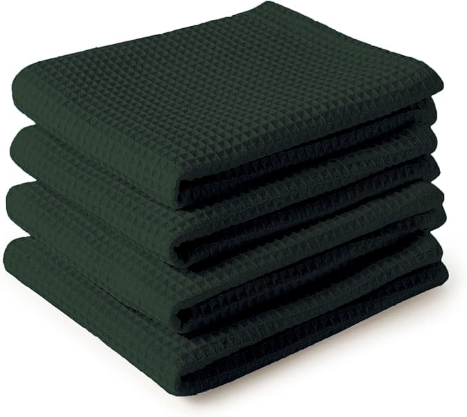 Encasa XO Kitchen Dish Towels Set | Dark Green | Waffle Weave and Flat Hand Tea