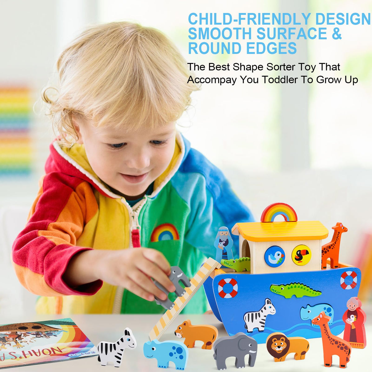 KMTJT Toddlers Wooden Noah's Ark Toy Animal Playset, Baptism Gifts for 1 2 3 Boys Girls, Shape Sorter Early Learning Montessori Toys with Bible Story Book for 12 18 24 Months Babies