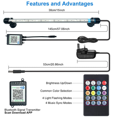 VARMHUS Submersible LED Aquarium Light,Fish Tank Light with Remote Controller&APP Control,DIY Full Spectrum Optional Color&Intelligent Timing and Dimming,29 Light Modes and 4 Music Modes RGB-38cm