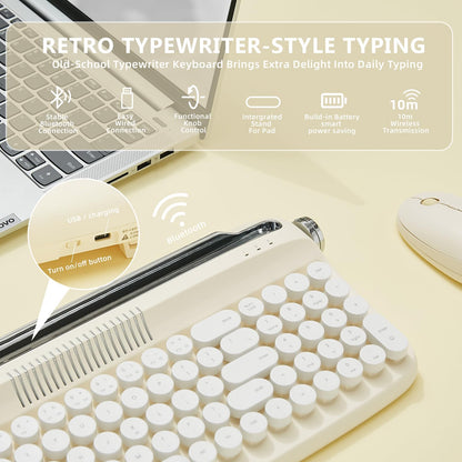 YUNZII Upgraded Wireless Typewriter Keyboard,with Retro Integrated Stand,USB-C/Bluetooth,Cute Round Keycaps, USB-C/Bluetooth Connection for Table, Phone, PC and Win/Mac/Android (B309, Baby Pink)