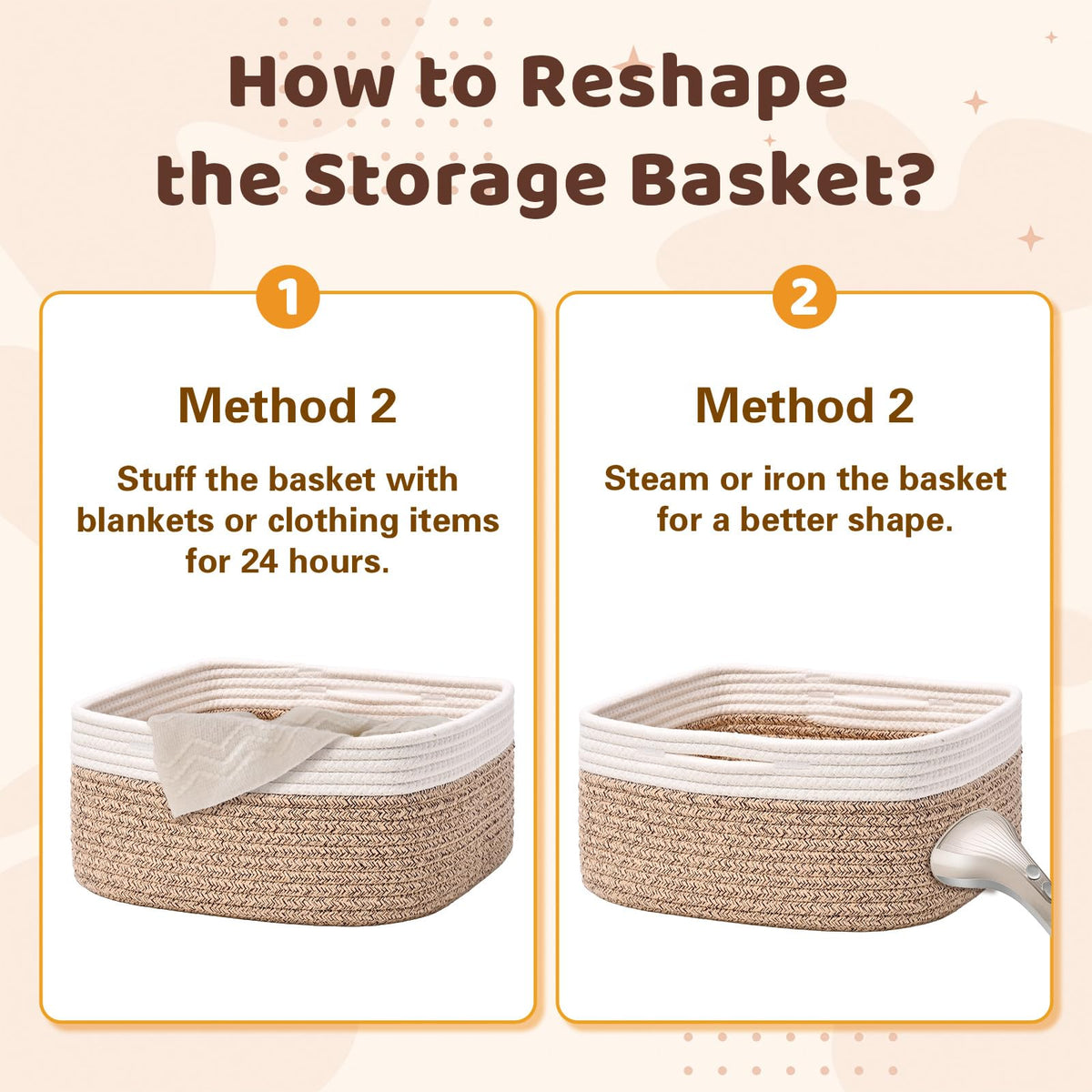 Storage Baskets for Shelves, 2 Pack Shallow Basket - 10.5" x 10.5" x 5.5", Rope Baskets for Organizing Toys, Snacks, Cube Storage Bins for Closet, Bedroom, Nursery, Brown & White