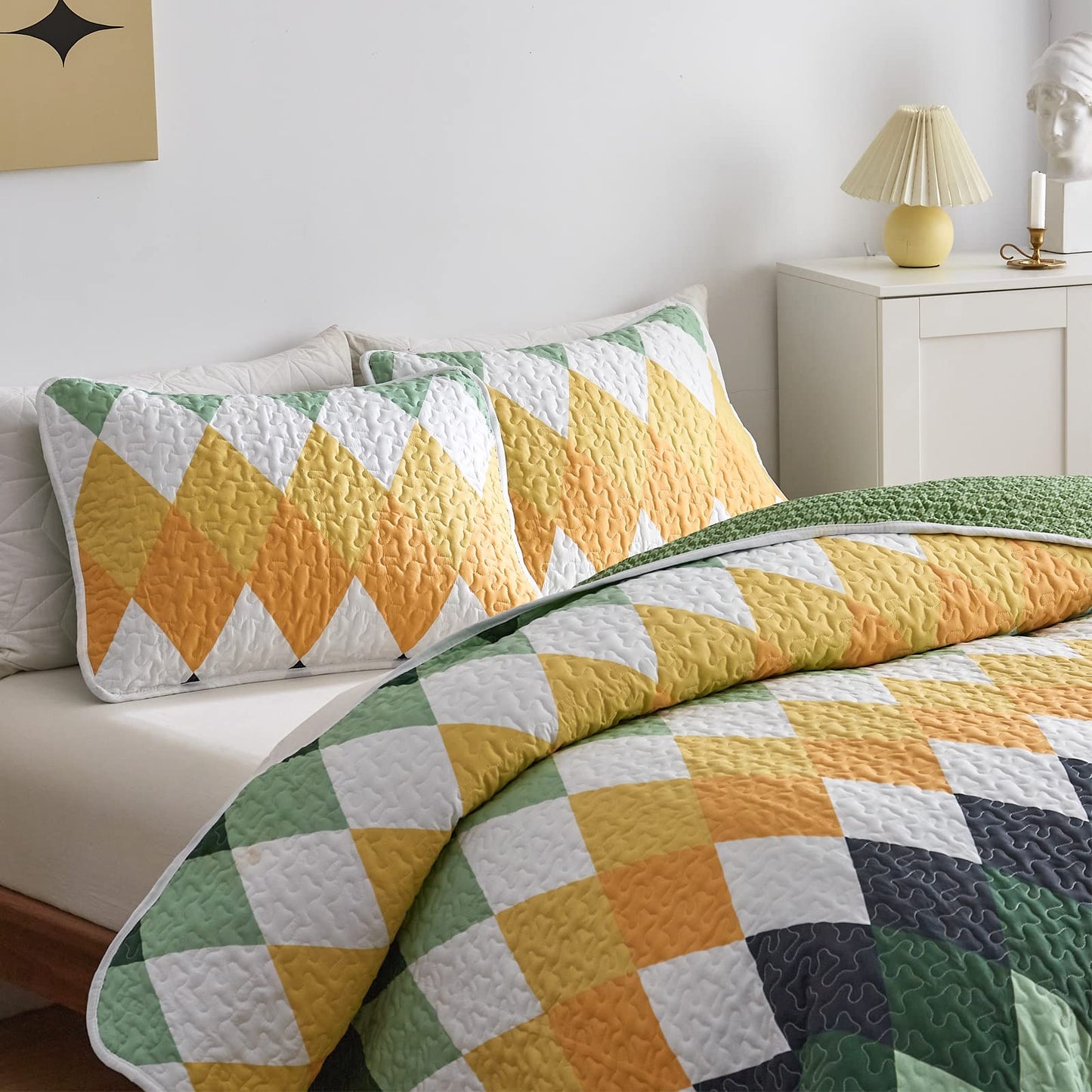 Yellow Green Rhomb Plaid Quilt Set 3pc Queen Size Reversible Coverlet Bedspread Set Soft Microfiber Lightweight Summer Quilt Bedding Set Bed Cover for All Season 88x88