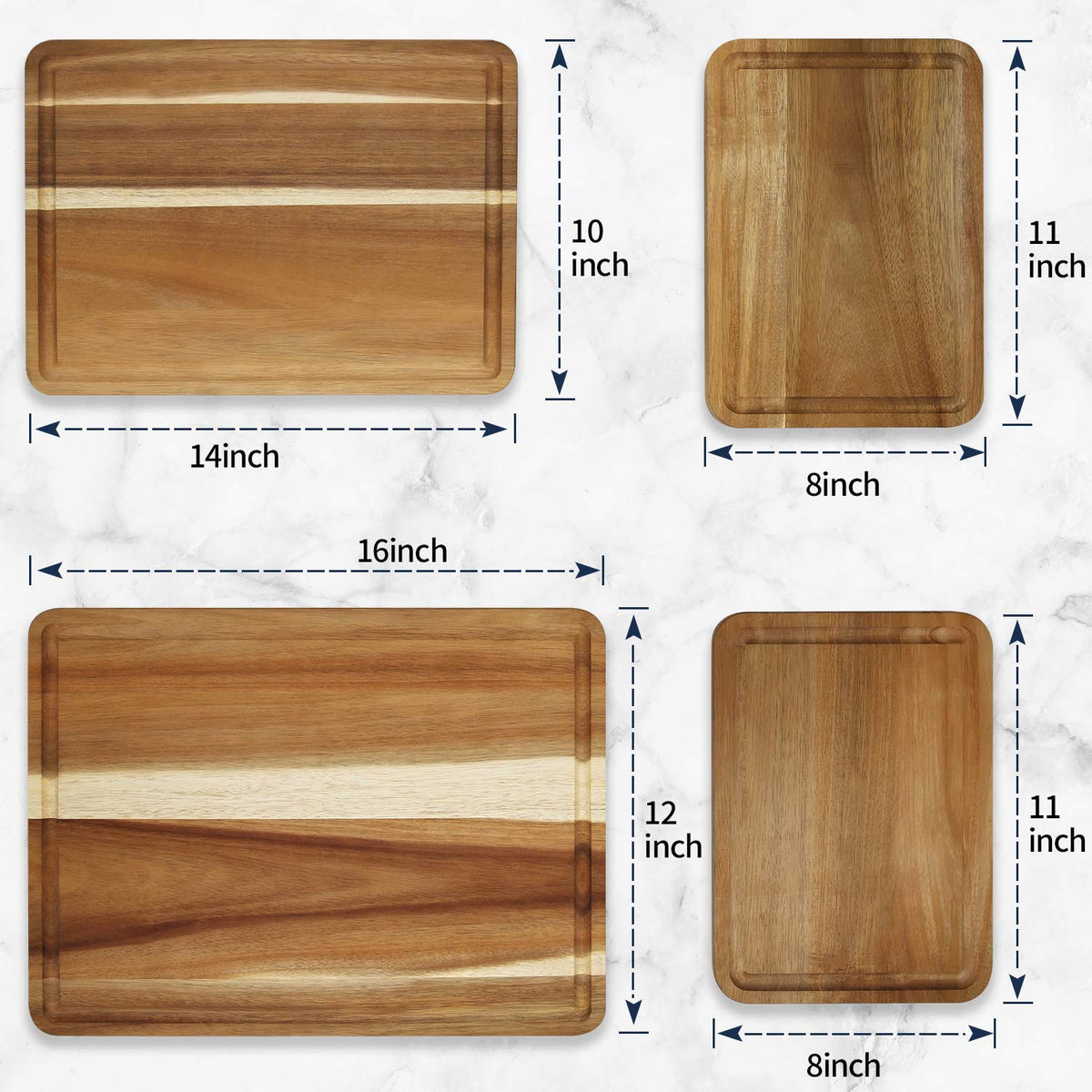 AZRHOM Large Wood Cutting Boards Set of 4 for Kitchen Cheese Charcuterie Board (Gift Box Included) Acacia Butcher Block with Non-slip Mats, Juice Groove and Handles (16x12, 14x10, double 11x8 inch)-4