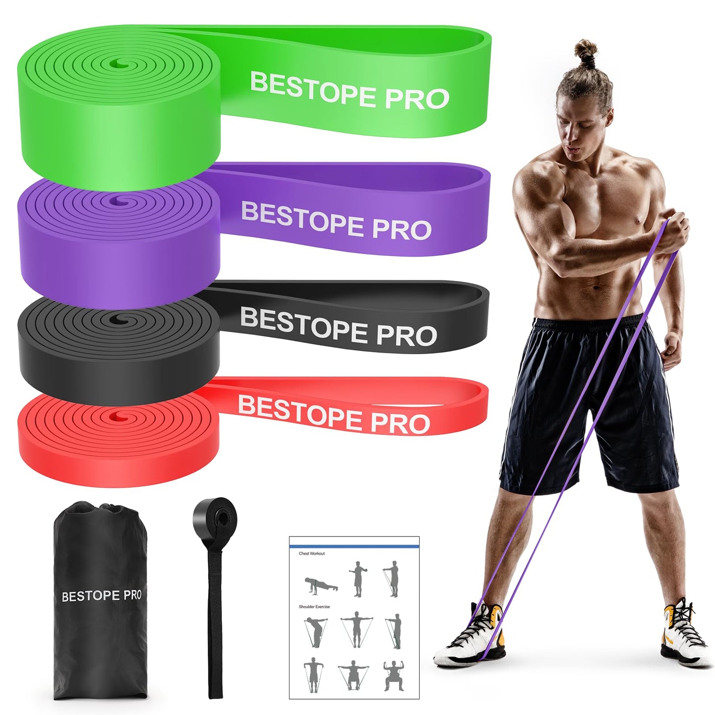 Resistance Band Pull Up Assist Band Set - 4 Thick and Heavy Different Resistance Workout Exercise Band with Door Anchor, Stretch Training Fitness Band for Unisex, Ideal for Home, Yoga, Powerlifting
