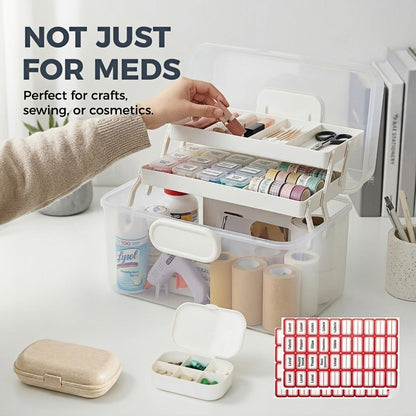 Portable Medicine Organizer Box & First Aid Kit Container – 3-Layer Folding Storage Bin with Handle & Latch, Clear Medical Supply Case for Home, Dorm, Sewing – w/ 2 Pill Pods & Labels