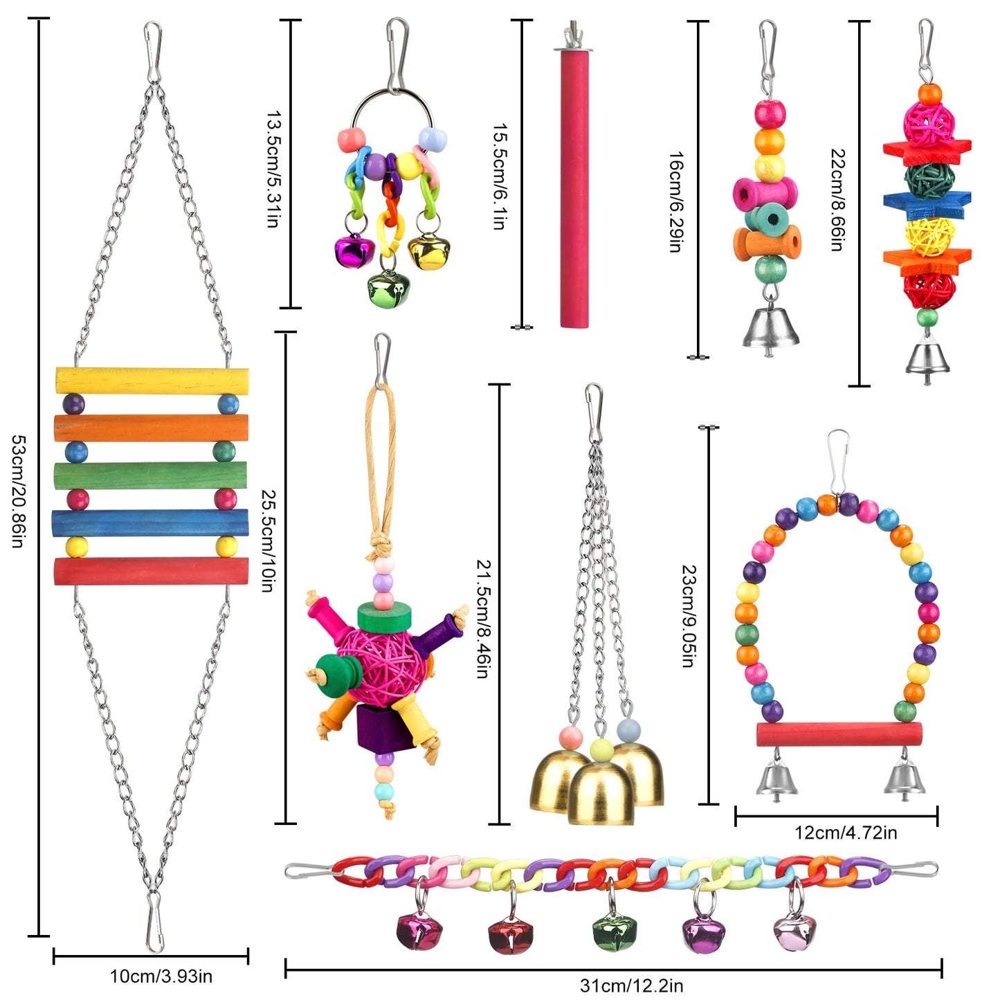 Bird Toys for Conures with Colorful Ladder Hammock Cage Accerious Bird Perch Stand Chewing Toys Hanging Bell Parrot Parakeet Cockatiel Lovebirds