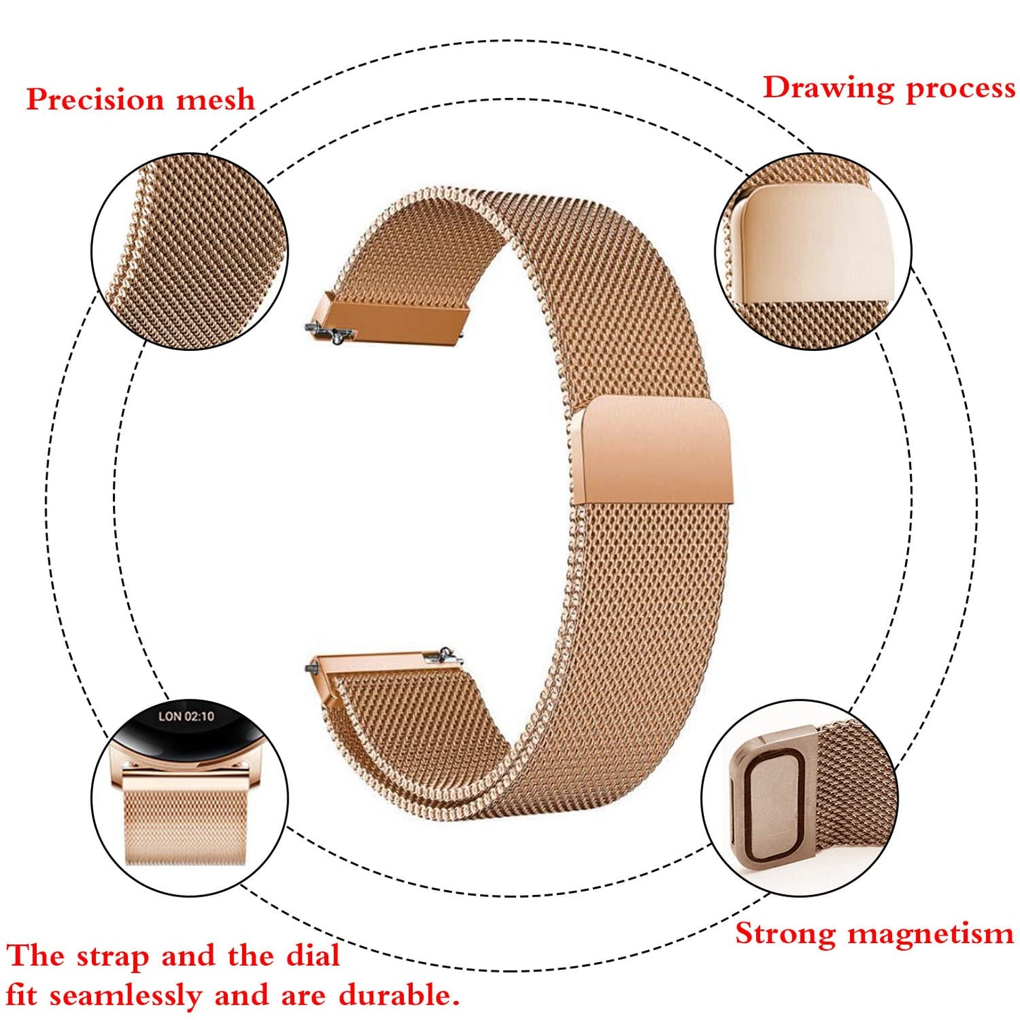 Quick Release Watch Strap - 20mm/22mm Lug Width Stainless Steel Metal Strap Milanese Mesh Wristband Magnetic Lock Replacement Band Smart Watch Wristbands for Men Women (22mm, Rose Gold)