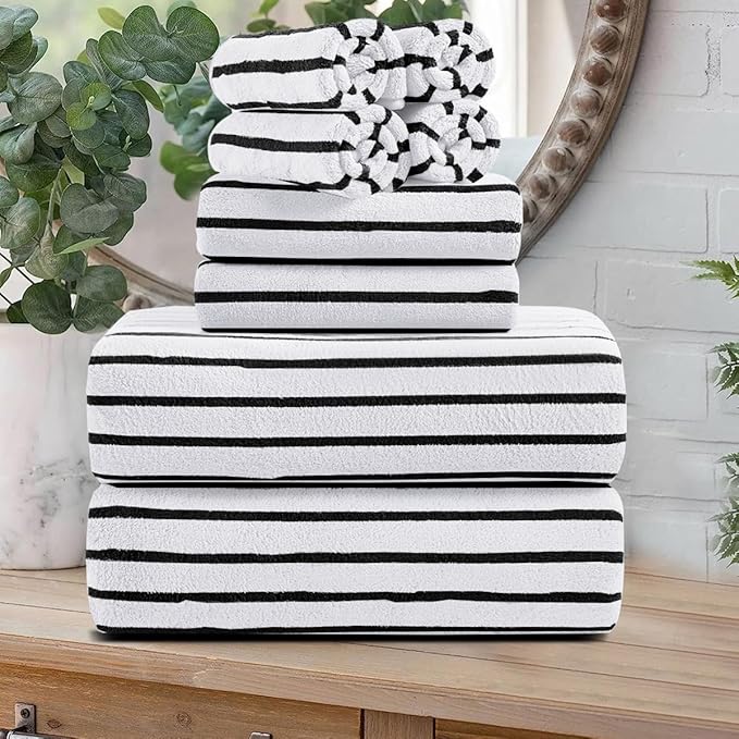 Oliven 8 Pcs Black White Cabana Stripe Large Bath Towel Set Oversize Bath